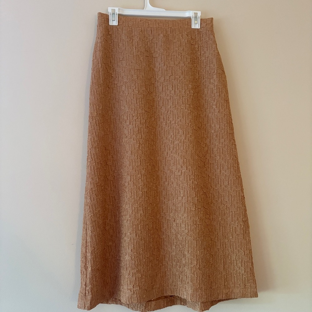 NWT Melloday Brown Textured A Line Midi Skirt Medium Elastic Waist Pockets